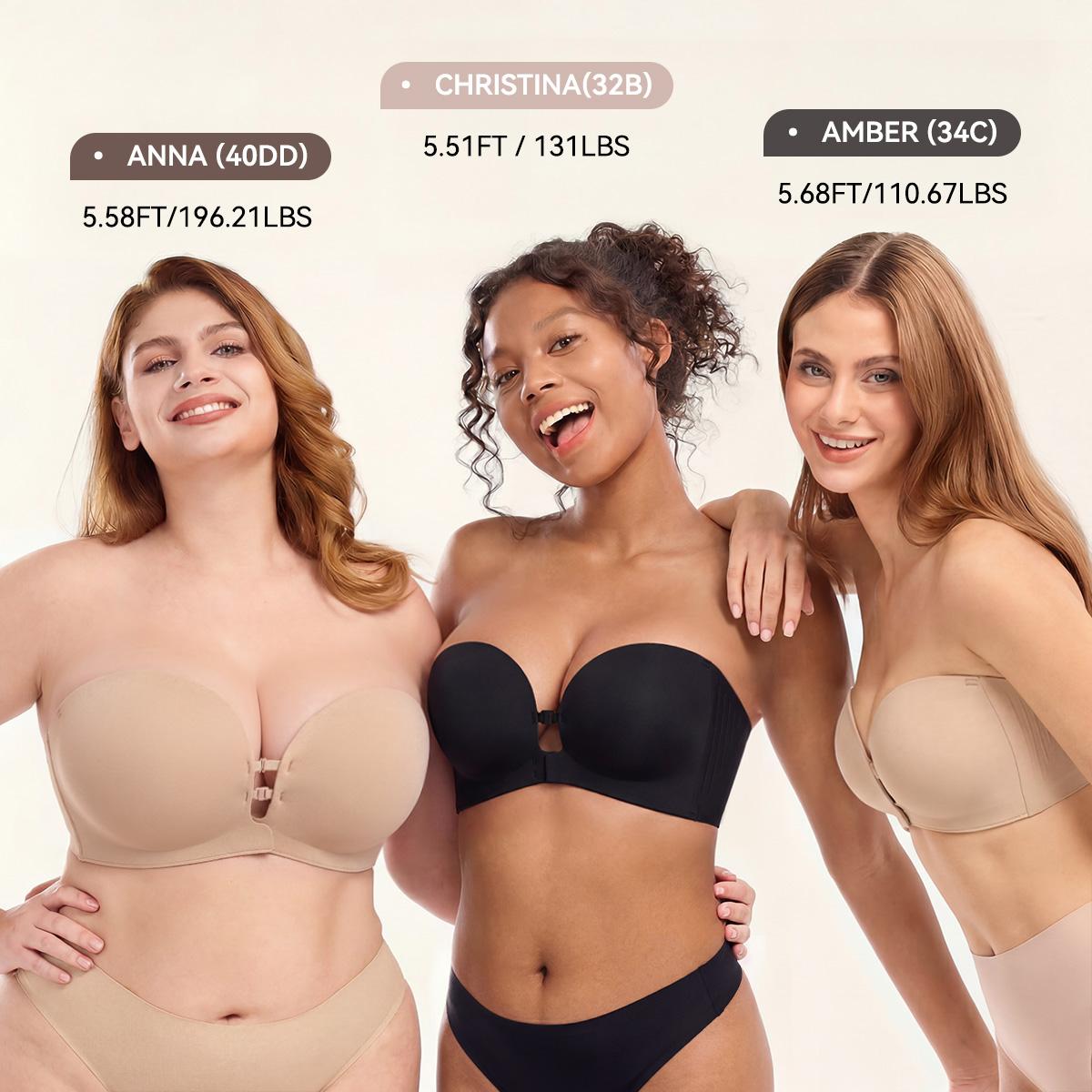 Three women with different body types wearing front-buckle strapless bras