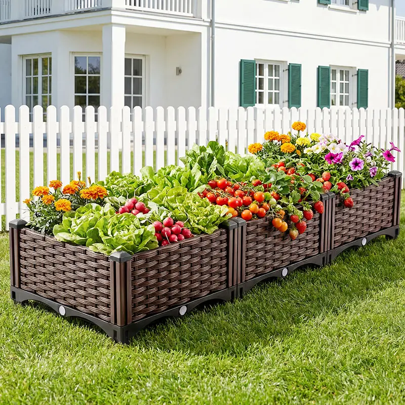 SummerVibes Rectangular Raised Garden Bed Kit Indoor Outdoor Plastic Planter Grow Box for Fresh Vegetables, Herbs, Flowers & Succulents, Brown 46.4'' x 15.7'' x 8.46''
