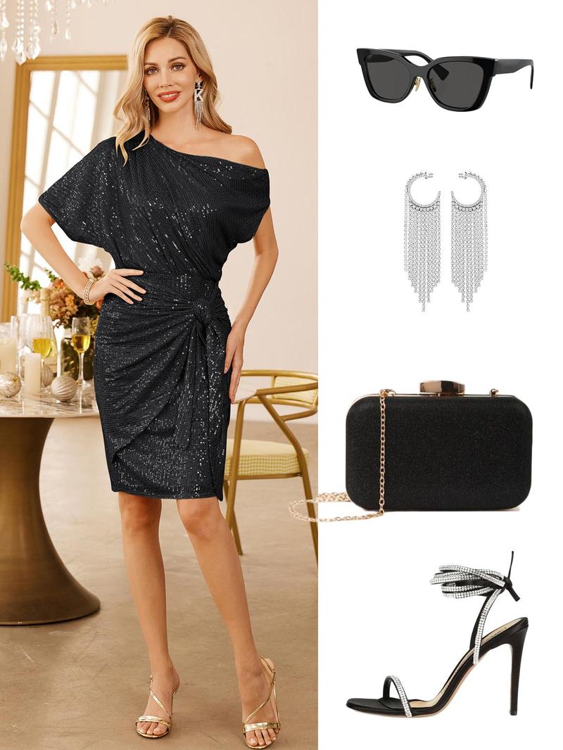 {Size runs Small} GRACE KARIN Cocktail Dresses forEvening Party One Shoulder Ruched Sequin Dresses