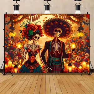 Vibrant Day of the Dead Fiesta Pattern tapestry, Sugar skull, Fun Lightweight Decoration wall hanging, dopamine art tapestry, suitable for living room, bedroom, college dorm, trippy room decor Halloween, creative gift,bedroom decorative accessories roo