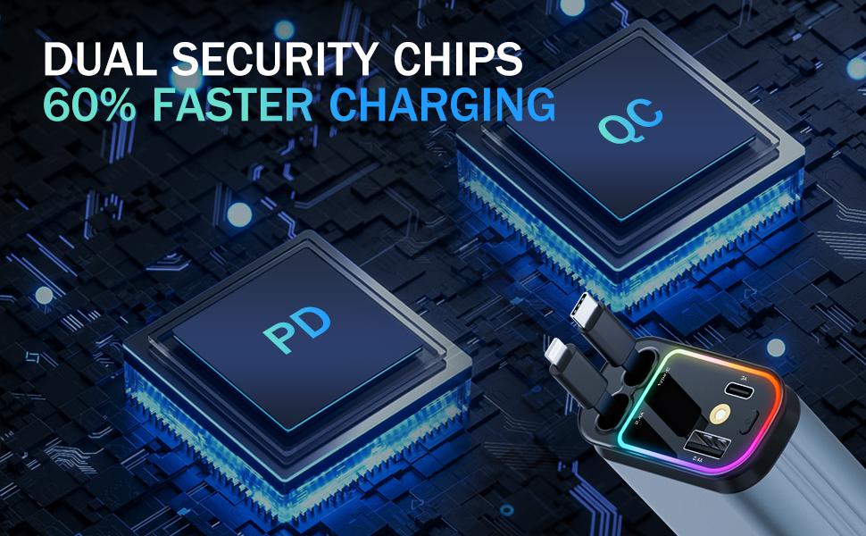 Car Charger with Starlight, 4 in 1 Retractable 66W USB C Car Charger with 2 USB Ports, Fast Car Charger Compatible with  iPhone 16 and Android