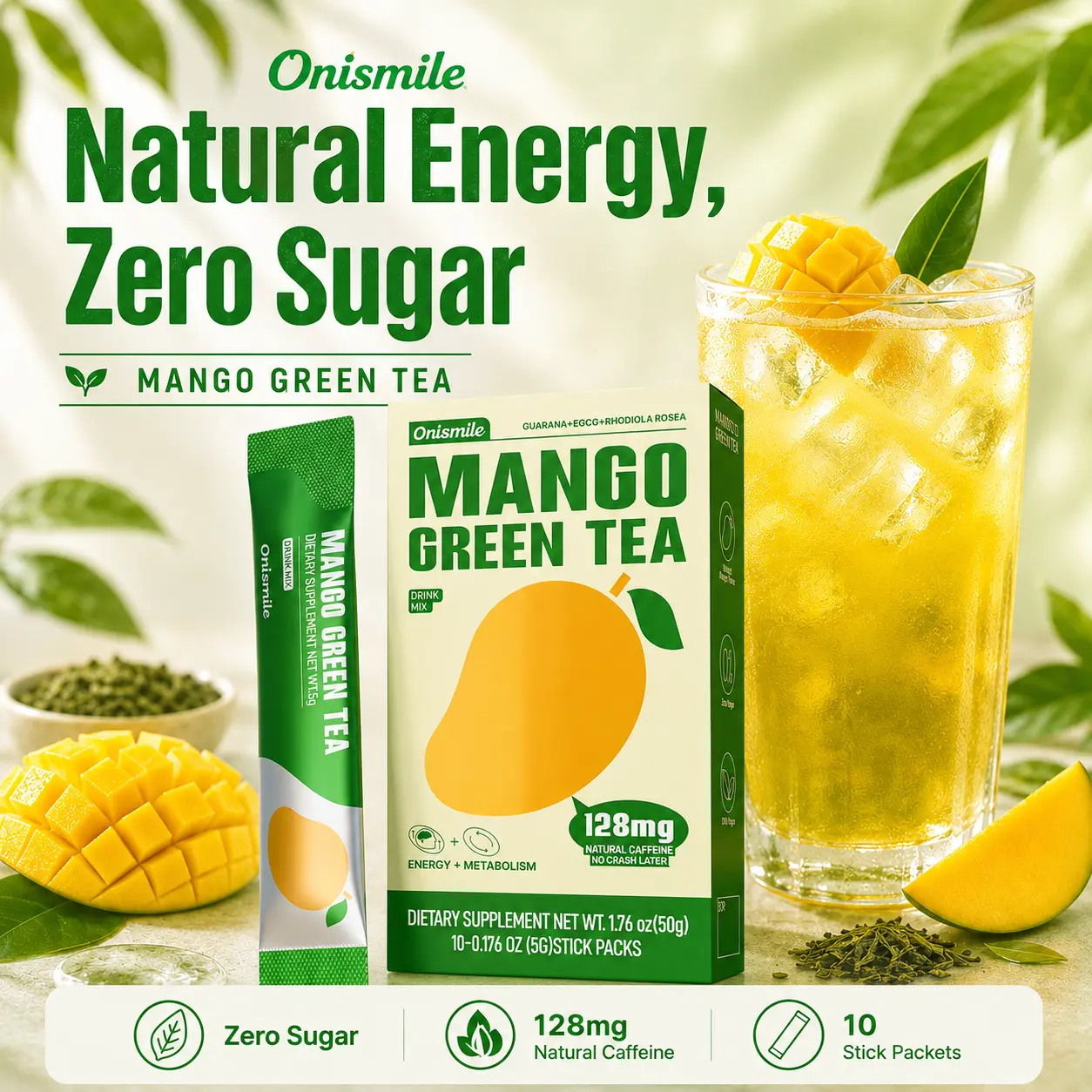 Onismile Mango Green Tea Drink Mix, 128mg Natural Caffeine, Zero Sugar, Vegan Friendly, 10 Stick Packets