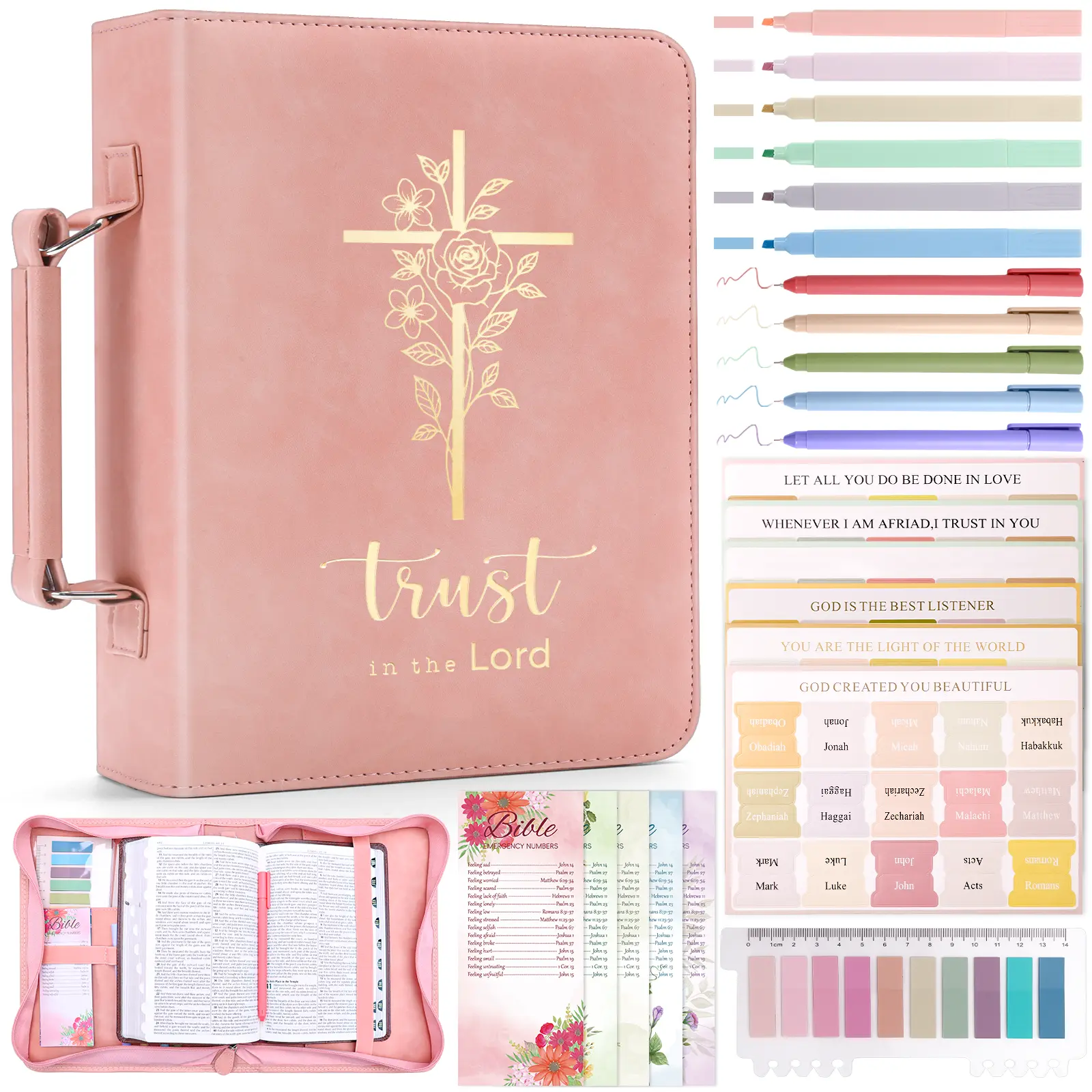 XKDOUS Waterproof Leather Bible Cover Case (10.2x7.5") with Reinforced Stitching, Zip, 24PCS Bible Study Essentials Marker Set & Tablet-Fit Christian Book Organizer Storage Bag for Women-Men, With Zip