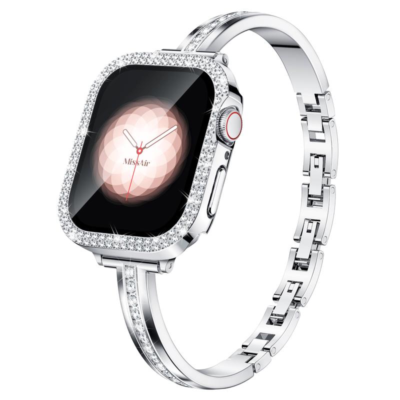 Missair Diamond Band & PC Cover Case Compatible with Apple Watch Series 10-1 SE Ultra - Slim Metal Adjustable Bracelet Protection Wearable Accessories