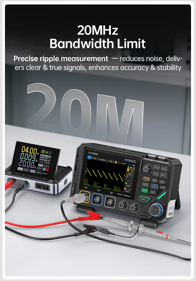 FNIRSI 2D15P Handheld Oscilloscope Multimeter - 3-in-1 Digital 2CH Automotive Tool with 100MHz Bandwidth, 500MS/s Sampling, 19,999 TRMS Counts, 10MHz DDS Signal Generator, 4.3 Touch Screen, 128-Level Grayscale Display, 6 Math Operations, Built-in Cells