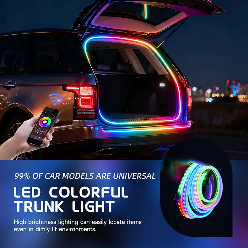 JOYTUTUS 12V Dynamic Flowing RGB LED Car Trunk Strip, 4M High-Brightness Automatic Sensor Tailgate Light, Universal Fit, Tool-Free Installation, LED Car Ambient Light, Tailgate Light Bar