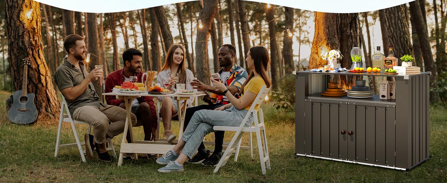 AECOJOY Outdoor Grill Table with Storage Cabinet Weatherproof, Outdoor Kitchen Island, Grill Cabinet Cart with Storage, Outdoor Counter Prep Table with Storage in Dark Grey