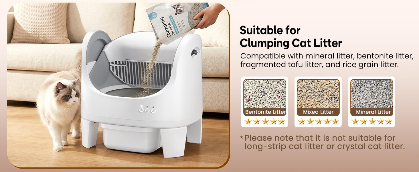 Best Seller | ECORUI Self - Cleaning - Litter Box Open Top Automatic with App Control for Multiple Cats Safety Sensors Protection Cream White 16.5"x17.3" Entrance 8L Compartment