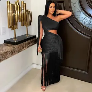 YWXsummerspringclothesWomenOneShoulderTasselSleevelessLongDressDiagonalCollarSummerStreetEveningSexyNightPartyDressesVestidos