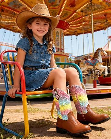 Kids Cowboy Boots for Boys Girls, Western Boots Embroidered Faux Leather Cowgirl Wide Width Ankle Boot Round Toe Mid Calf Riding Shoes for Little Big Kid