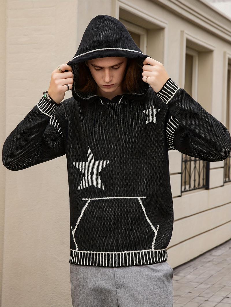 Men's Star Knit Hoodie - Black & White Hooded Sweater, Casual Street Style Fall Knitwear, Long Sleeve Pullover, Classic Menswear Top