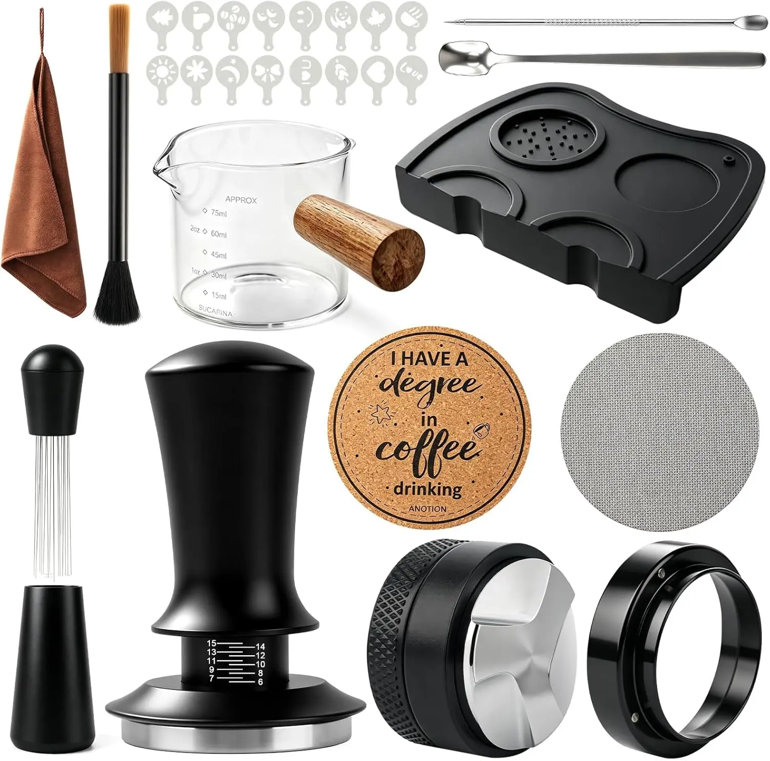 ANOTION Espresso Accessories Kit, 51mm / 53mm Coffee Tamper with Spring Loaded Calibrated for Espresso Machine, WDT Tool Set Distributor Tamping Station Dosing Funnel Cup Barista Latte Art Kit, 28PCS
