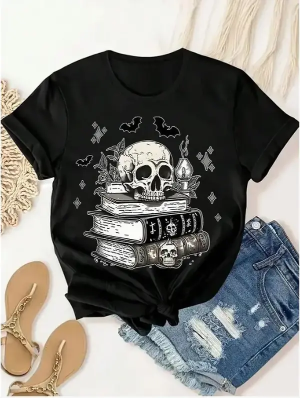 Dark Academia Skull Books Bats Short Sleeve Cotton T-Shirt, 100% Cotton, Witchy Gothic Casual Summer Tee