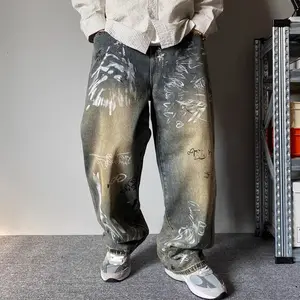 Mens Patchwork Design Loose Wide-Leg Draping Straight-Leg Pants Trousers in Yellow Ochre Cotton Blend for Casual Wear