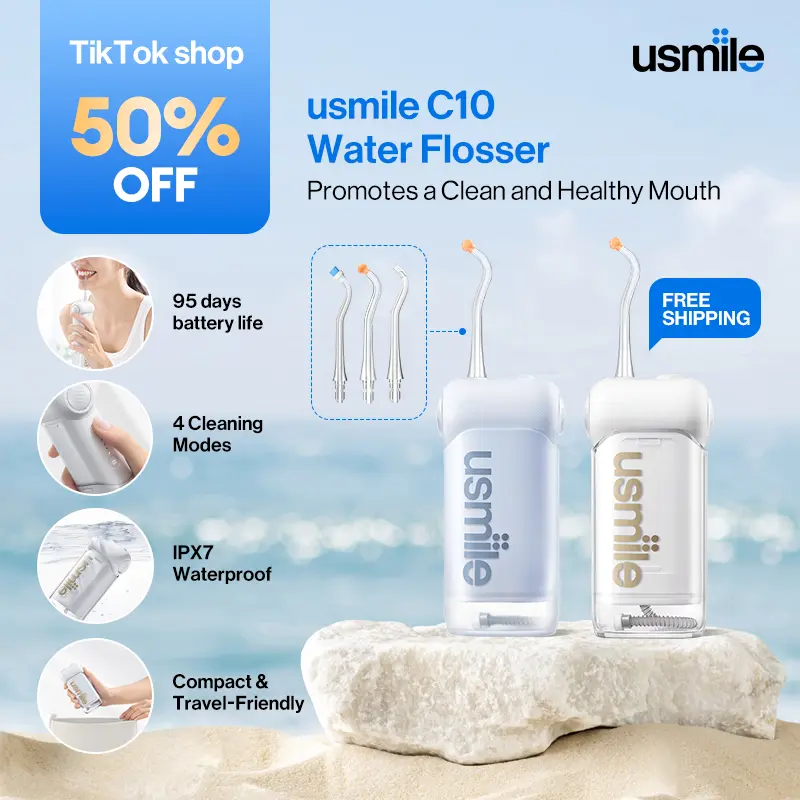 usmile C10 Cordless Oral Irrigator for Dental Care, 99% Plaque Removal, IPX7 Rated Waterproof, 95-Day Battery Life, 3 Tips Included, Oral Cleansing Function, Adjustable Settings, Water Flosser, Adjust Settings