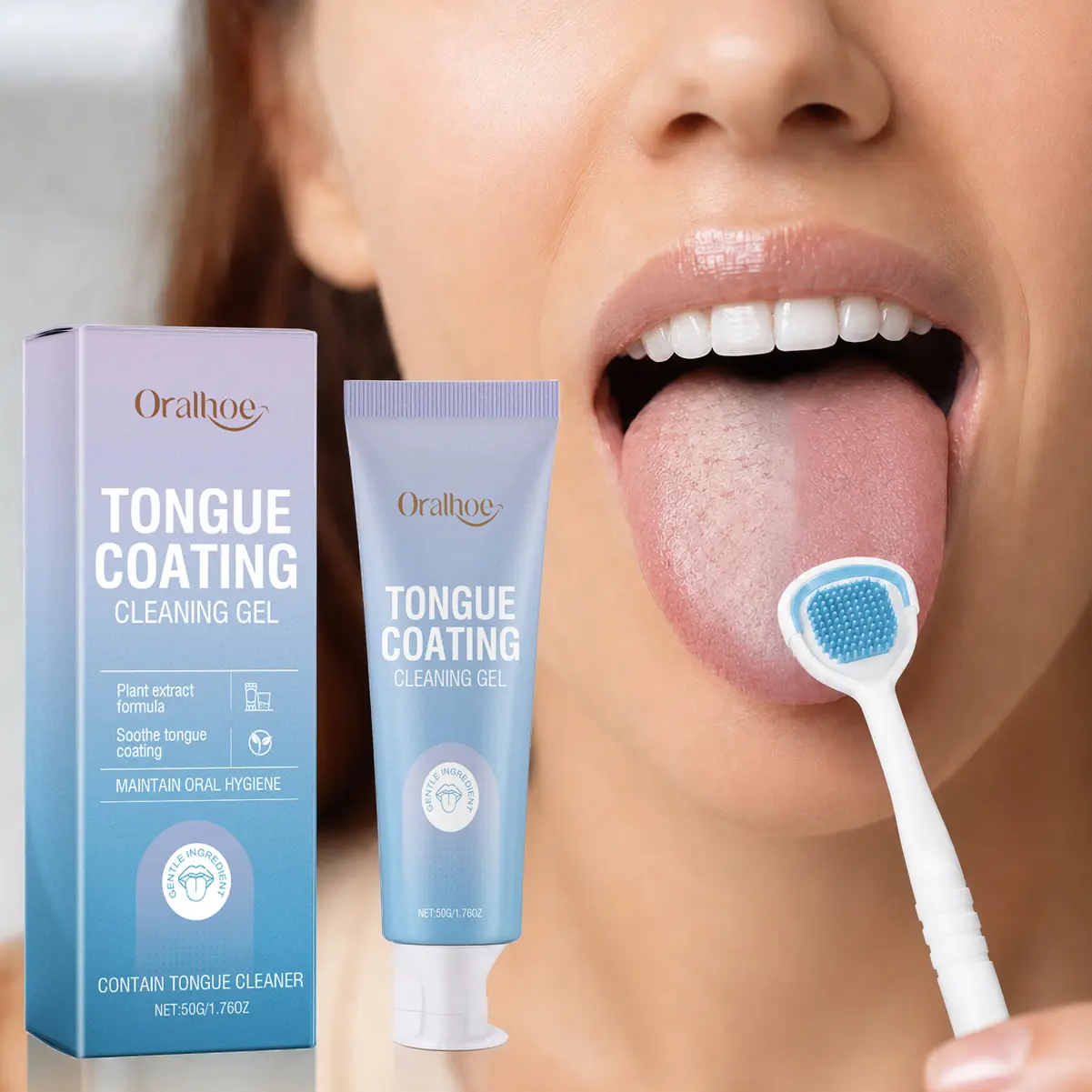 Oralhoe Tongue Scraper with Cleansing Gel Kit | Tongue Cleaner for Fresher Breath | 50g Tongue Coating Cleaning Gel | Mint Fresh Breath Oral Care Tongue Scraping Set