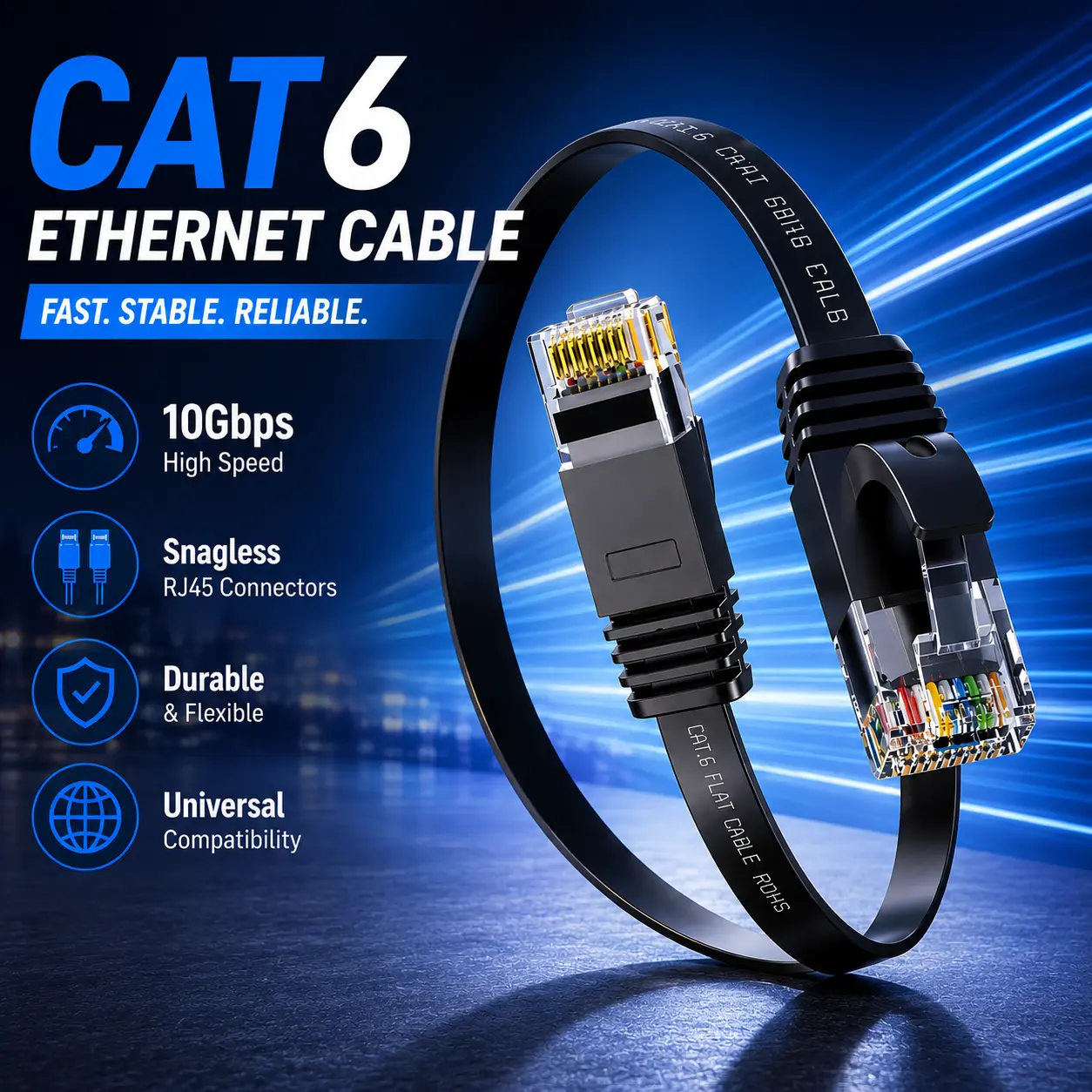 Cat 6 Ethernet Cable, 10Gbps Support Cat8 Cat7 Network, Flat RJ45 LAN Patch Cable, High-Speed Wired Internet Cable for Router, Modem, Switch, Gaming Consoles, PC, Streaming Devices