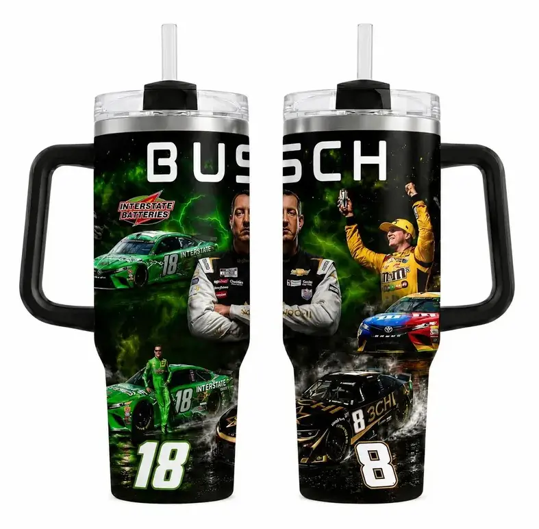 [Stock Car Racing Style] Kyle Busch Inspired 18-Number Stainless Steel Insulated Tumbler Flasks (40oz/20oz with Handle), Interstate Batteries Artwork Travel Mug, Race Day Gift for Dad Fans (No Straw), Portable