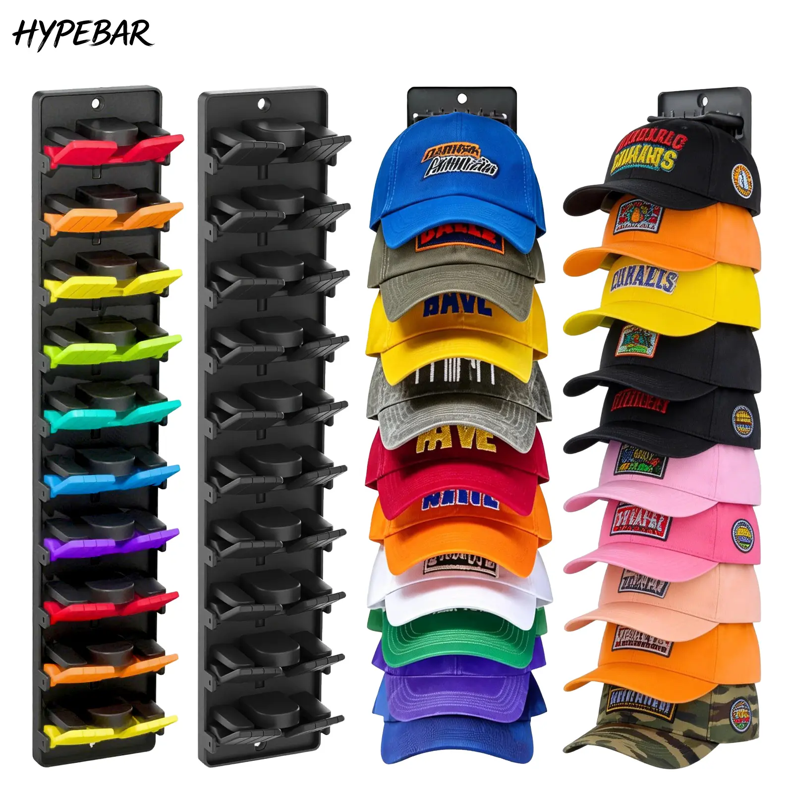 HYPEBAR 2-Pack Wall Mount Hat Racks - Home Supplies Hanger with Built-in Spring Clips, Multilayer Shelves, Wall Adhesive, Screws, Door Space Saver Holds Up to 20 Baseball Caps, Adjustable Black & Multi-Color Plastic for Study, Balcony, Bathroom