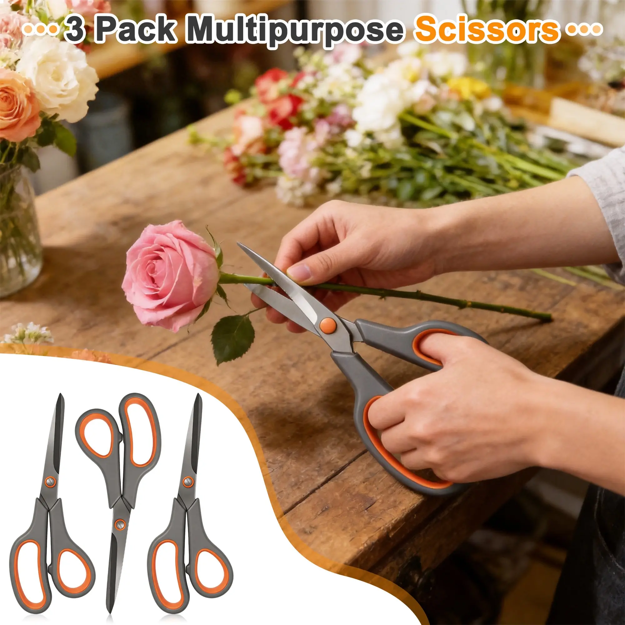 3-Pack Multipurpose Stainless Steel Sharp Scissors with Comfort-Grip Handles for Student-Office Use, Crafting, Home Sewing and Flower Trimming