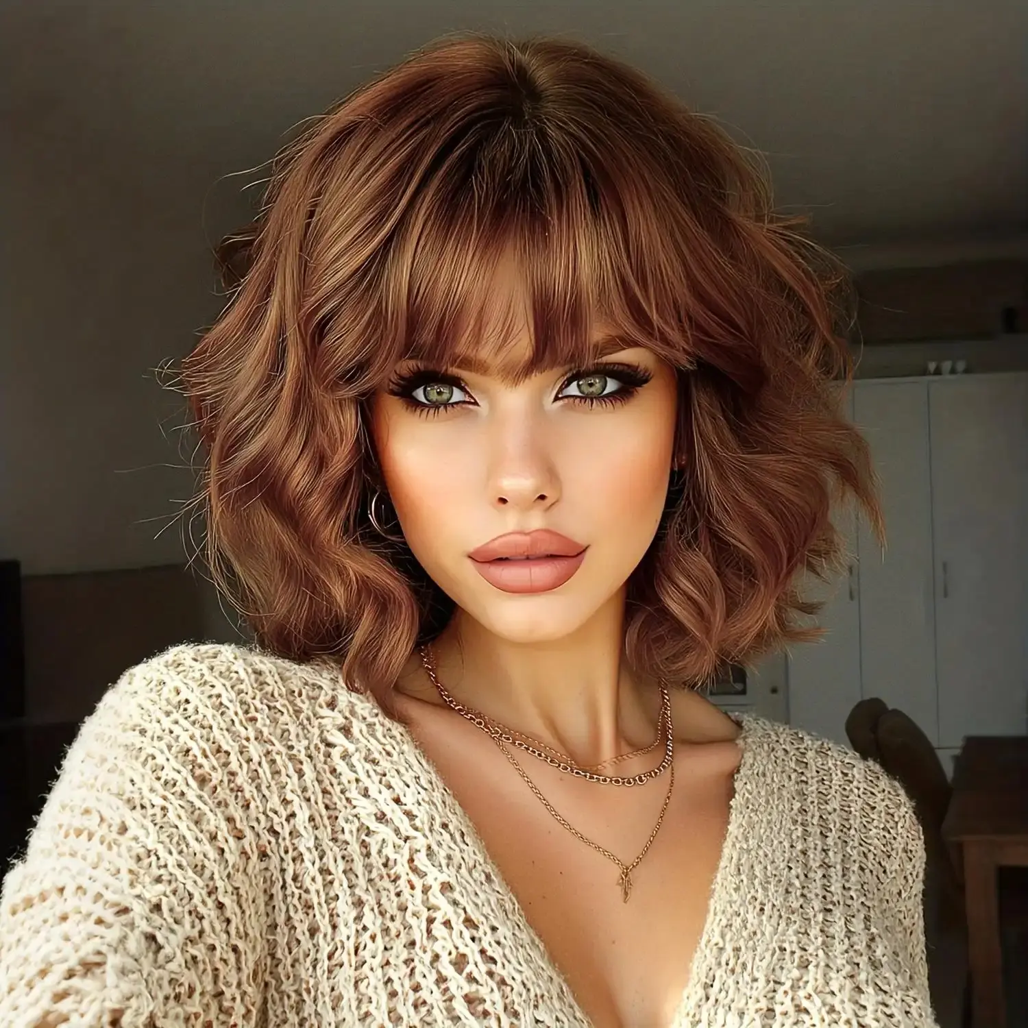 FESHFEN 14-Inch Short Wavy Synthetic Hair Bob with Bangs (Dark Chestnut) - Glueless for Quick Mornings, Premium Heat-Resistant Fiber, Natural, Voluminous, Lightweight, Comfortable Synthetic Full Machine Wig for Beginners, Daily Styling, Parties