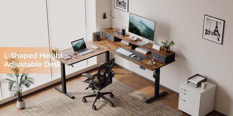 Agilestic L Shaped Standing Desk with Drawers & Monitor Shelf, Electric Height Adjustable Corner Desk, Ergonomic Home Office Computer Desk with Hooks & Cable Management,Black/Rustic Brown/White/Light Rustic Brown