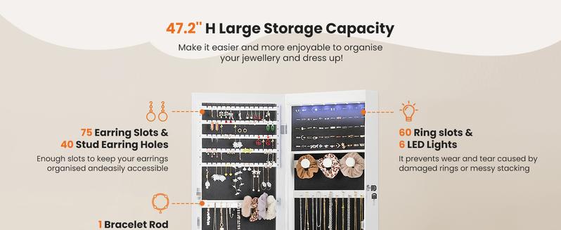 Full-Length Mirror Jewelry Cabinet, Wall or Door Mount, Organizer Armoire with Built-in Makeup Mirror, Lockable Storage