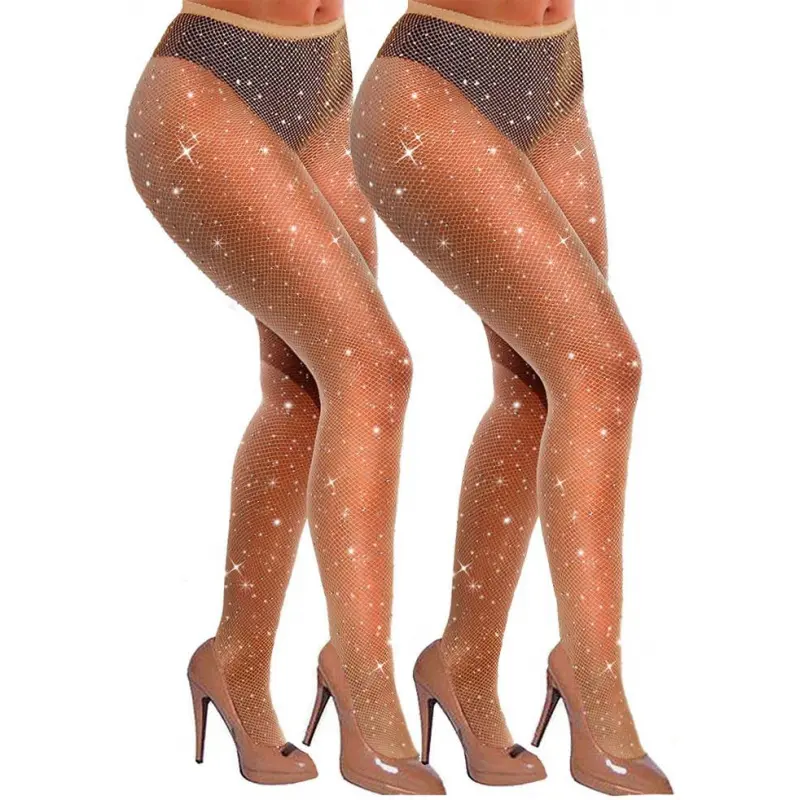 Women's Classic Sparkly Fishnet Tights - Glitter Rhinestones, High-Waist, Elastic Nylon Hosiery for Valentine's Day, Christmas, Romantic Parties