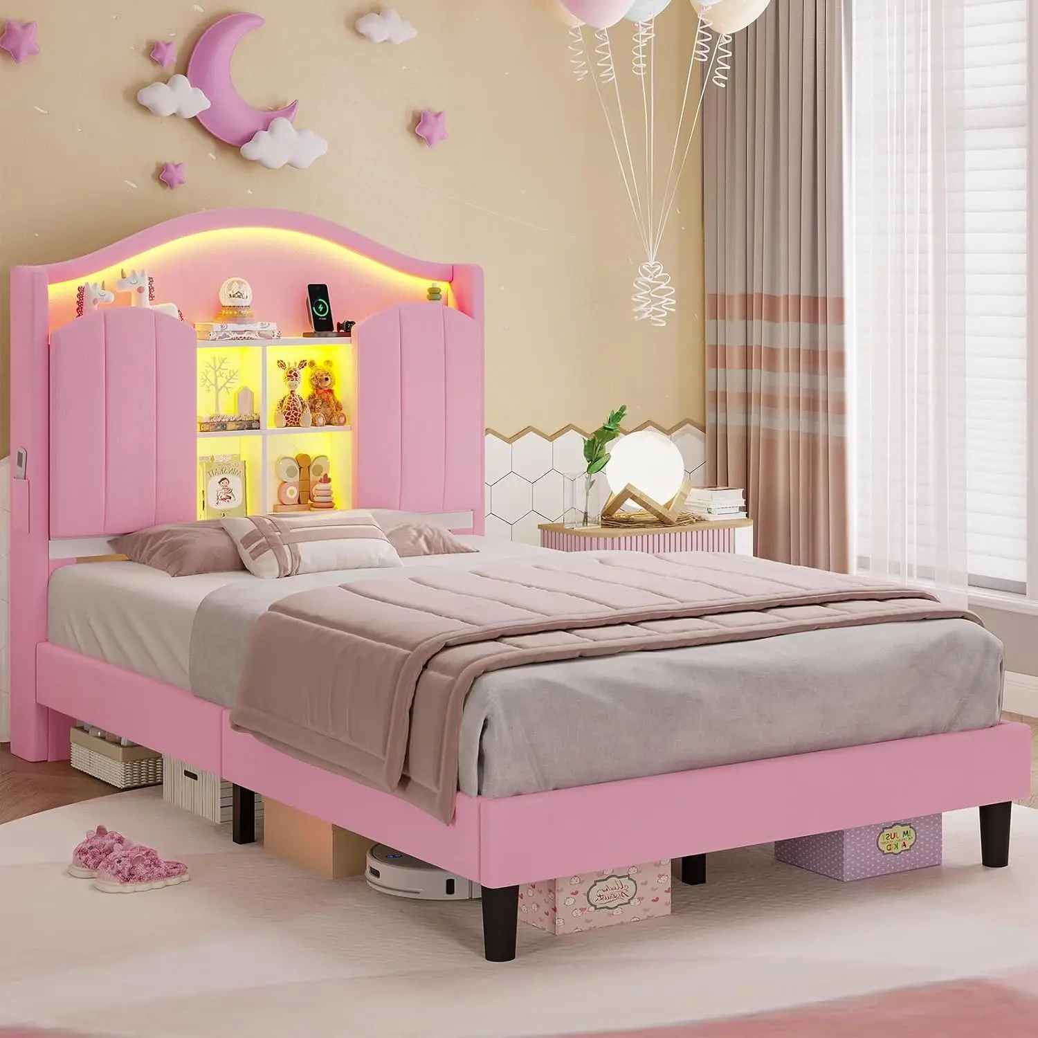 [SummerSale] Sikaic Twin Size Princess Bed Frame for Girls with LED Lights & Charging Station, Upholstered Storage Headboard Platform Bed, No Box Spring Needed, Noise-Free, Easy Assembly, Home Furniture, Dorm Essentials