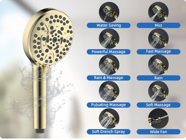 Hibbent All Metal Shower Head, 10" High Pressure Rainfall/Handheld Shower Combo with 11" Extension Arm, 10-Spray Handheld Showerhead, 71" Long Hose, 3-Way Diverter Valve, Shiny Gold