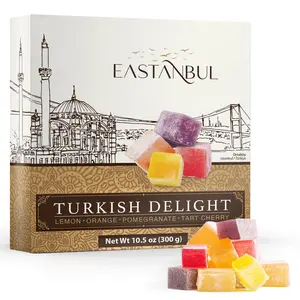 Eastanbul Turkish Delights Assorted with 4 Flavors Pomegranate Orange Tart Cherry Lemon 10.5oz Vegan Gluten-Free Candy for Gifts and Celebrations