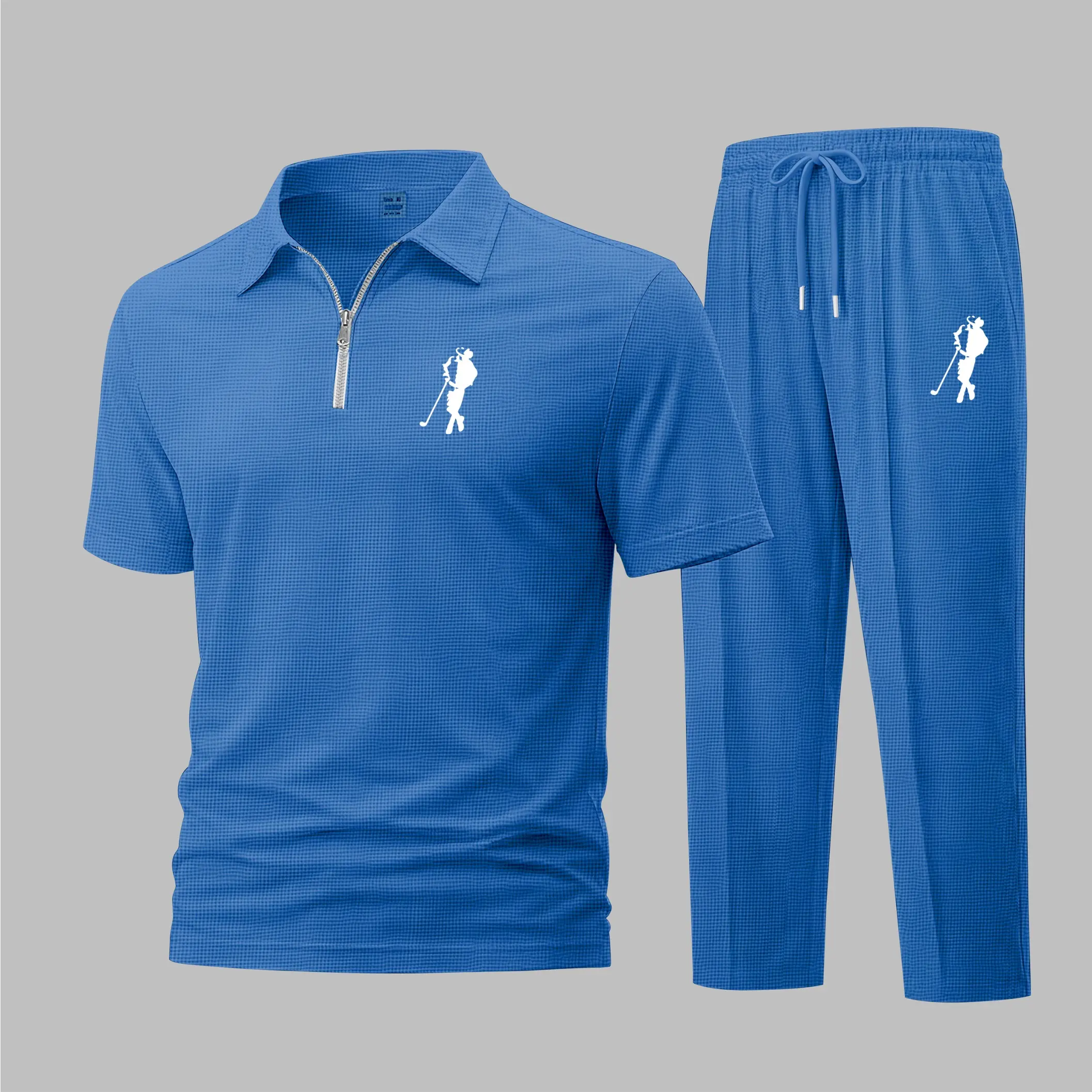 Men's 2-Piece Golf Sportswear Matching Set - Waffle-Knit Short-Sleeve Zip-Up Collar Polo Shirt with Golf Player Silhouette Print, Solid Athletic Trousers for Casual Use, Mens 2 Piece Sets, 2 Pcs Set, Men's 2 Piece Sets