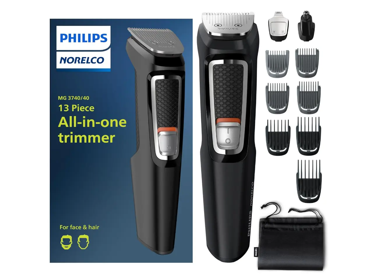 Philips Norelco Multi Groomer - 13 piece Mens Grooming Kit for beard, face, nose, and ear hair trimmer and hair clipper - NO BLADE OIL NEEDED, MG3740/40