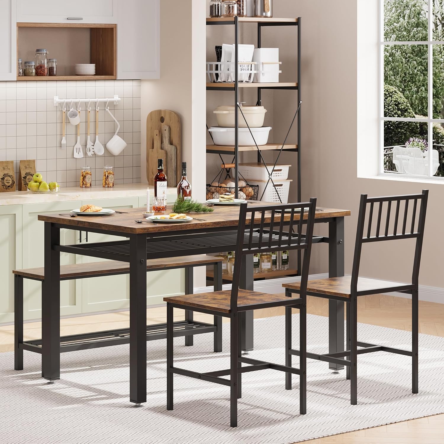 Farmhouse Kitchen Table Chairs Set for 4, 47" Modern Dining Table with Bench & Chairs, Storage Shelf, Metal Frame, Space-Saving for Dining Room Kitchen Apartment