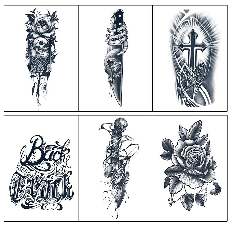6 Large Graphic Tattoo Stickers, Including 2 With Knife Elements, 2 With Handback Elements, 1 With Bodhi Element, And 1 With Cross Element. They Last For 7-15 Days, Are Water-resistant And Resistant To Friction, And Have A Realistic Effect. They Are