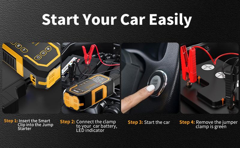 Jump Starter with Air Compressor, Battery Jumper Starter Portable(9.0 Gas/6.5L Diesel) with Tire Inflator, 12V Car Battery Jump Starter with Smart Jumper Cables, LED Light, LCD Display, Car Accessories Tools