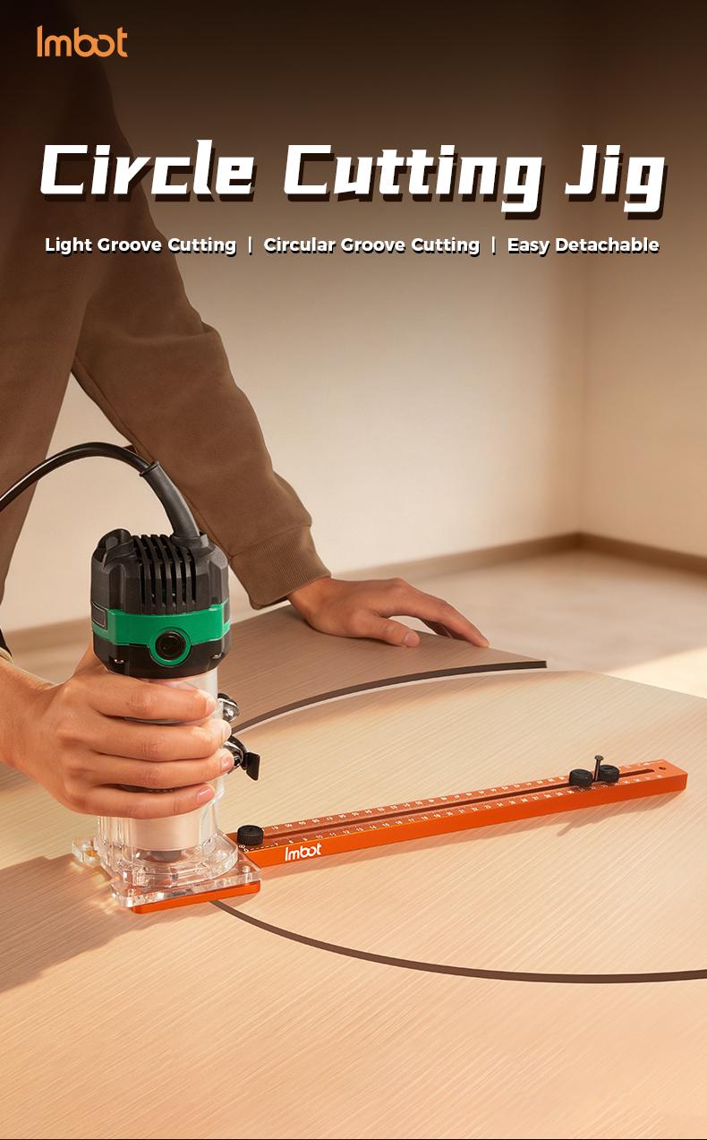 IMBOT Multi-function Router Jig – integrates milling, circle cutting, cabinet drilling, and guide functions in one aluminum alloy tool. Features adjustable radius for woodworking circle/arc cutting and precision grooving.