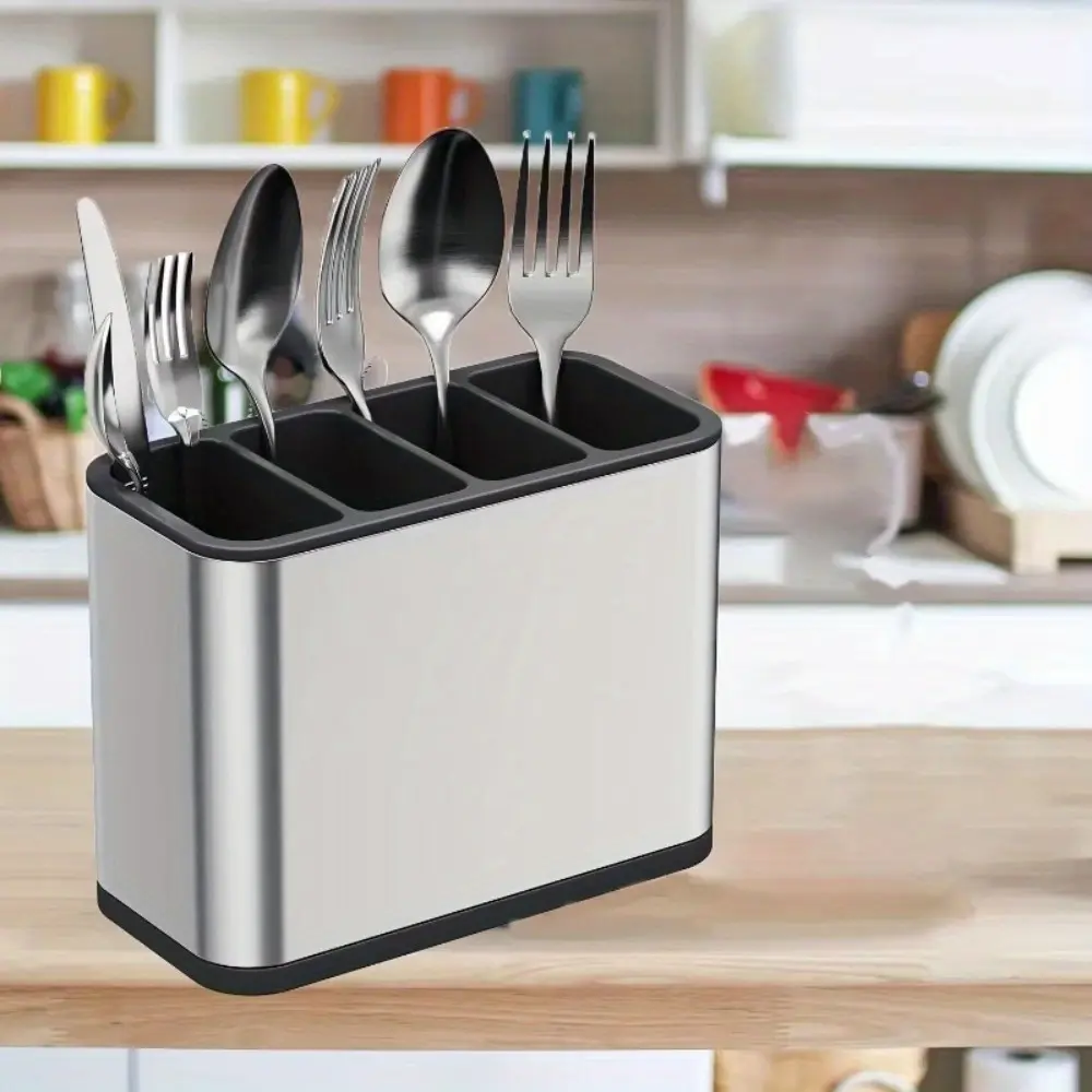 Stainless Rectangular Home Kitchen Utensil Organizer - Plastic Drainable Container, Knifeholder for Knives, Spoons, Forks, Chopsticks (Chopsticks Stay Put) - Silver Kitchenware Storage Tray, Utensils Storage, 1 X Utensil Holder