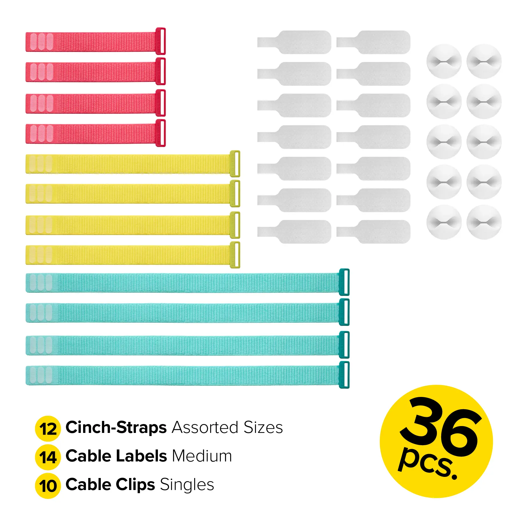 Wrap-It Storage Cable Management Pack - 36-Piece Cord Organizer Kit with Cinch-Straps, Cable Labels & Clips