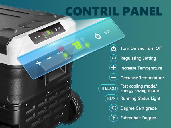 EUHOMY 12V Refrigerator (24/37/53Quart /23L/35L/50L) supports 12V/24V DC & 110-240V AC. Portable with -4°F~68°F range, it features wheels, 2 baskets, and large cooling zone. Ideal for RVs, travel, Truck, Boat