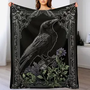 Gothic Raven & Wildflowers Throw Blanket – Dark Academia Aesthetic Soft Flannel for Bedroom & Couch | Mysterious Witchy Home Decor