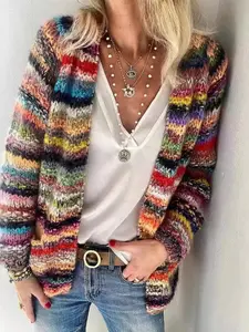 Women'S Oversized Rainbow Striped Cardigan | Y2K Optimistic Sunshine Style, Front Button Closure, Multi-Color (Pink/Blue/Purple/Orange/Yellow/Green/Red), Comfortable for Autumn/Winter, Suitable for Casual and Semi-Formal Outfits
