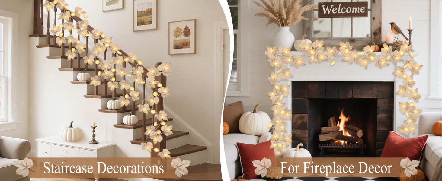 2 Pack Fall Maple Leaves Garland with Lights Fall Decor, 3D Pumpkin Lights & 40 LEDs, Total 14.4Ft Maples Leaf Garland Fall Lights Thanksgiving Decorations for Home Indoor Outdoor Mantle Fireplace Porch Table Decor