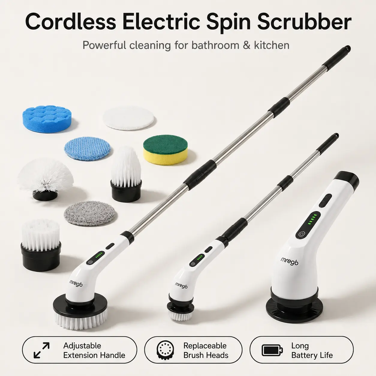 MREGB Cordless Electric Spin Scrubber - Cordless Handheld, Powerful Rechargeable Tools and Gadgets with Replaceable Brush Heads, Adjustable Extension Handle, Long Battery Life for Bathroom, Kitchen Tile Deep Cleaning House Supplies