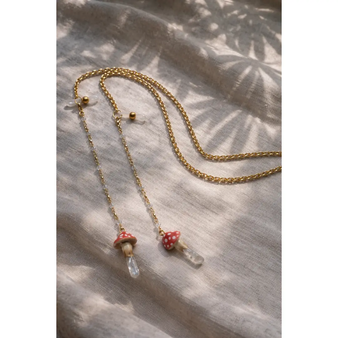 THE ETHEREAL Mushroom Glasses Chain 30-inch Handcrafted Gold-Toned Chain with Faceted Crystal Beads & Interchangeable Charms for Everyday Wear