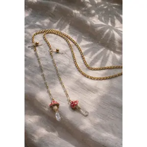 THE ETHEREAL Mushroom Glasses Chain 30-inch Handcrafted Gold-Toned Chain with Faceted Crystal Beads & Interchangeable Charms for Everyday Wear