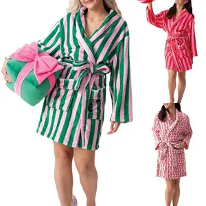 Women Winter Plush Robe Long Sleeve Lapel Tie-up Stripe Heart Candy Triangle Prints Sleepwear Loungewear??gift?? Pajama Womenswear
