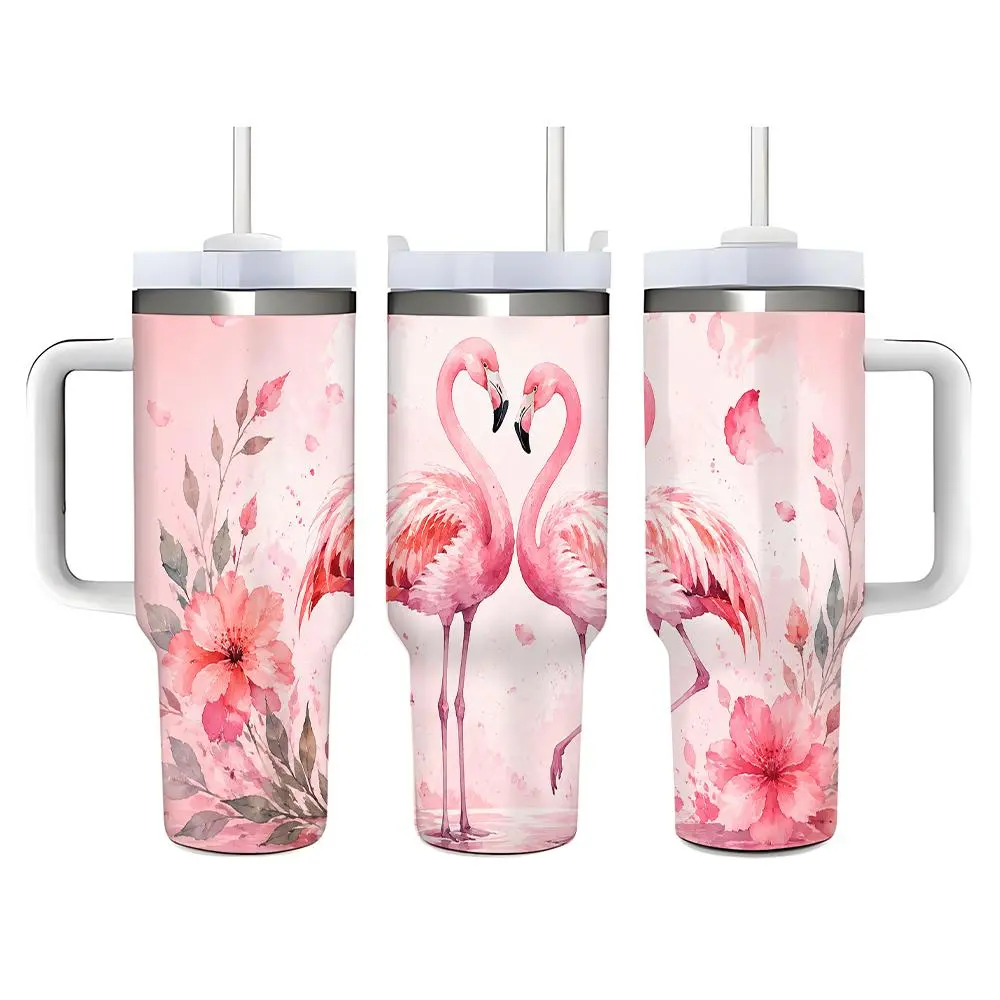 40oz Pink Flamingo & Floral Stainless Steel Tumbler - Double Wall Vacuum Insulated Leak-Proof Mug with Handle, Straw, Lid - Car Cup Holder-Fit, Iced Tea Compatible - Ideal for Relaxing at Home, Perfect Gifts for Birthday Holidays