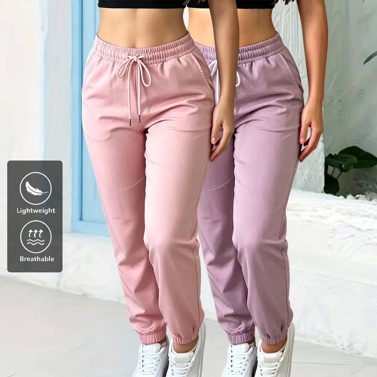 2-pack women’s casual jogger pants featuring an elastic waistband with drawstring and pockets; loose yet fitted, solid color; suitable for all seasons; comfortable clothing; loose pants with medium stretch; women’s jogging/sports/training pants; thin long