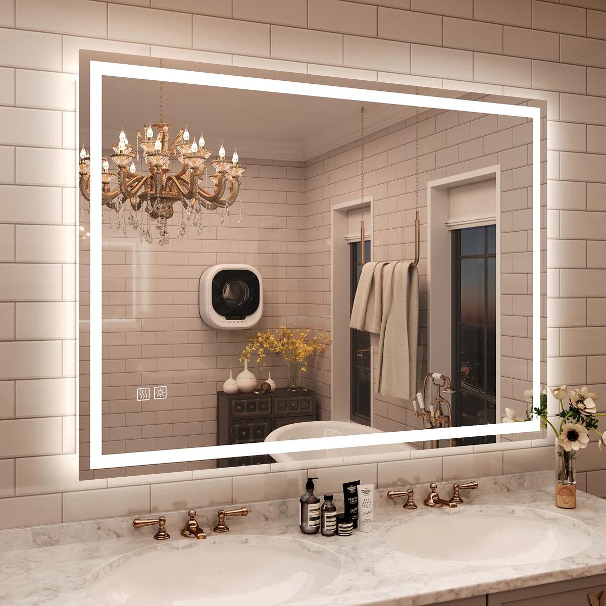 GALENTAL 48x32 LED Bathroom Mirror with Lights, Over Sink Vanity Mirror, Dimmable Touch Control 3-Color, Options Wall Mounted, Defoggin, Memory, Timing, Tempered Glass Modern White Decor Home Interior